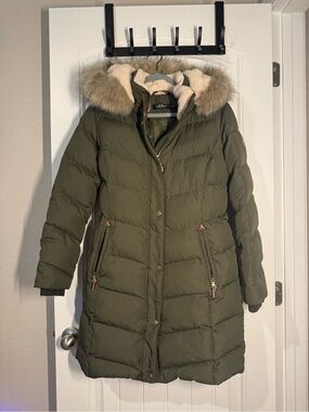 Lauren Ralph Lauren Olive Green Quilted Puffer Coat with Faux Fur Trim